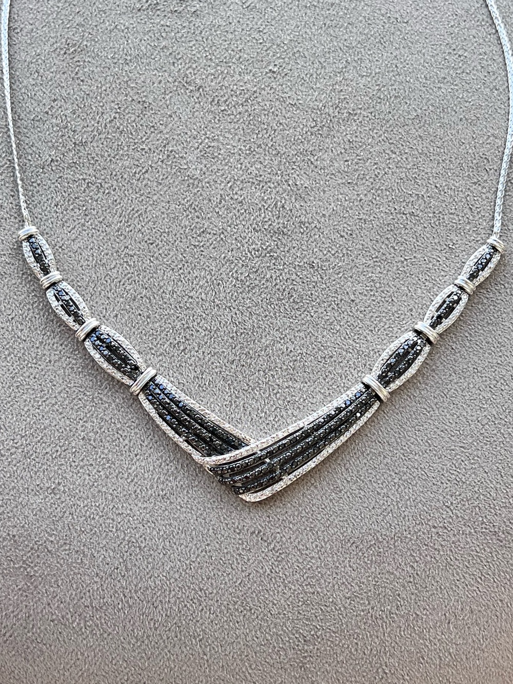Sterling Silver Black & White Natural Diamond Pave V Shaped Necklace